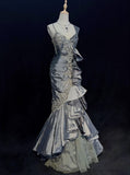 Grey Straps Appliques Ruffles Mermaid Vintage Evening Party Dress, HZ0319