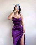 Purple Spaghetti Straps Sheath Satin Split Long Party Dress Wedding Guest Dress, HZ0319