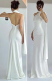 Elegant Halter Sheath White Long Prom Dress Evening Gown, HZ0319
