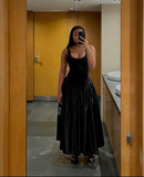 Black Straps A-Line Satin Long Evening Party Dress, HZ0319