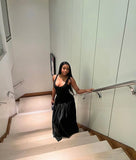 Black Straps A-Line Satin Long Evening Party Dress, HZ0319