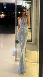 Light Blue Halter Neck Mermaid Sequins Long Evening Party Dress, HZ0319