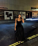 Black Straps A-Line Satin Long Evening Party Dress, HZ0319