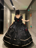 Black Off Shoulder A-Line Lace Satin Birthday Ball Gown Quinceanera Dress, HZ0319