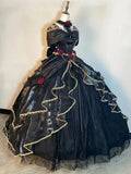 Black Off Shoulder A-Line Lace Satin Birthday Ball Gown Quinceanera Dress, HZ0319