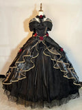 Black Off Shoulder A-Line Lace Satin Birthday Ball Gown Quinceanera Dress, HZ0319