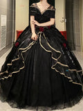 Black Off Shoulder A-Line Lace Satin Birthday Ball Gown Quinceanera Dress, HZ0319