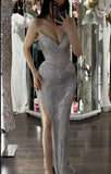 Sexy Silver Sweetheart Sheath Split Long Party Dress Evening Gown, HZ0319