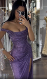 Purple Off Shoulder Sheath Split Long Party Dress Evening Gown, HZ0319