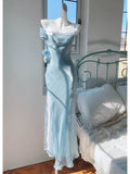 Light Blue Straps Sheath Long Party Dress Birdesmaid Dress, HZ0319
