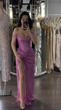 Hot Pink Off Shoulder Sheath Split Long Party Dress Evening Gown, HZ0319