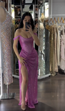 Hot Pink Off Shoulder Sheath Split Long Party Dress Evening Gown, HZ0319
