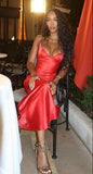 Sexy Red Spaghetti Straps Sheath Satin Long Evening Dress, HZ0319