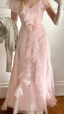 Pink V Neck Off Shoulder A-Line Ruffles Long Party Dress Birthday Dress, HZ0319