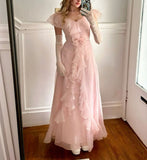 Pink V Neck Off Shoulder A-Line Ruffles Long Party Dress Birthday Dress, HZ0319