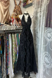 Black V Neck Halter A-Line Lace Vintage Long Prom Dress, HZ0319