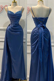 Blue Spaghetti Straps Sheath Satin Long Formal Prom Dress, HZ0319