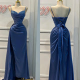 Blue Spaghetti Straps Sheath Satin Long Formal Prom Dress, HZ0319