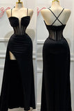 Black Spaghetti Straps Sheath Satin Long Formal Prom Dress, HZ0319