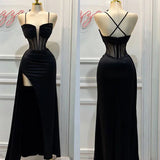 Black Spaghetti Straps Sheath Satin Long Formal Prom Dress, HZ0319