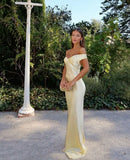 Light Yellow Off Shoulder Sheath Satin Long Party Dress Wedding Guest Dress, HZ0319