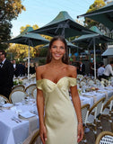 Light Yellow Off Shoulder Sheath Satin Long Party Dress Wedding Guest Dress, HZ0319