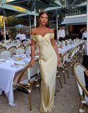 Light Yellow Off Shoulder Sheath Satin Long Party Dress Wedding Guest Dress, HZ0319