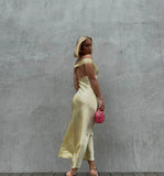 Light Yellow Off Shoulder Sheath Satin Long Party Dress Wedding Guest Dress, HZ0319