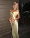 Light Yellow Off Shoulder Sheath Satin Long Party Dress Wedding Guest Dress, HZ0319