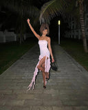 Light Pink Strapless Sheath Ruffles Long Party Dress Wedding Guest Dress, HZ0319