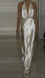 Charming Ivory Halter Neck Sheath Satin Long Formal Evening Gown, HZ0319
