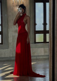 Charming Red Halter Backless A-Line Long Party Drses Evening Dress, HZ0319