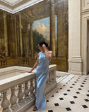 Blue Off Shoulder Backless Sheath Long Party Drses Formal Evening Dress, HZ0319