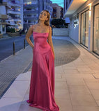 Hot Pink Straps A-Line Satin Long Party Drses Formal Evening Dress, HZ0319