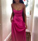 Hot Pink Straps A-Line Satin Long Party Drses Formal Evening Dress, HZ0319