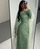 Modest Sage Green Long Sleeves Sequins Sheath Long Formal Prom Dress, HZ0319