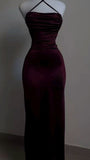 Burgundy Strps Backless Sheath Satin Simple Long Evening Party Dress, HZ0319
