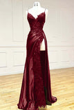Black Spaghetti Straps Lace Satin Split Sheath Long Party Dress, HZ0319