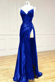Black Spaghetti Straps Lace Satin Split Sheath Long Party Dress, HZ0319