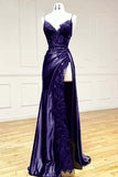 Black Spaghetti Straps Lace Satin Split Sheath Long Party Dress, HZ0319