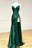Black Spaghetti Straps Lace Satin Split Sheath Long Party Dress, HZ0319