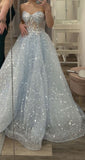Light Blue Sweetheart A-Line Shiny Prom Dress Evening Gown, HZ0319