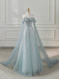 Light Blue Off Shoulder A-Line Long Prom Dress Evening Gown, HZ0319