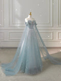 Light Blue Off Shoulder A-Line Long Prom Dress Evening Gown, HZ0319