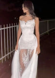 Unique Strapless Sheath Lace Satin Chic Wedding Dress Long Party Dress, HZ0319