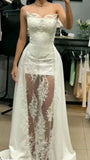 Unique Strapless Sheath Lace Satin Chic Wedding Dress Long Party Dress, HZ0319