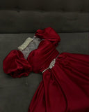 Red High Neck Puffy Sleeves A-Line Satin Lovely Long Party Dress, HZ0319