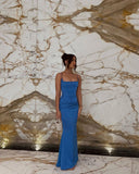 Blue Spaghetti Straps Mermaid Satin Long Party Dress Wedding Guest Dress, HZ0319
