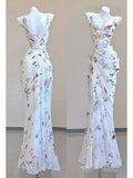 Pretty Straps Floral Chiffon Mermaid Long Party Dress, HZ0319
