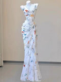 Pretty Straps Floral Chiffon Mermaid Long Party Dress, HZ0319